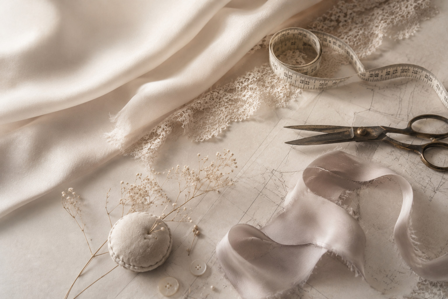 Order atelier — silk, lace, measuring tape and scissors
